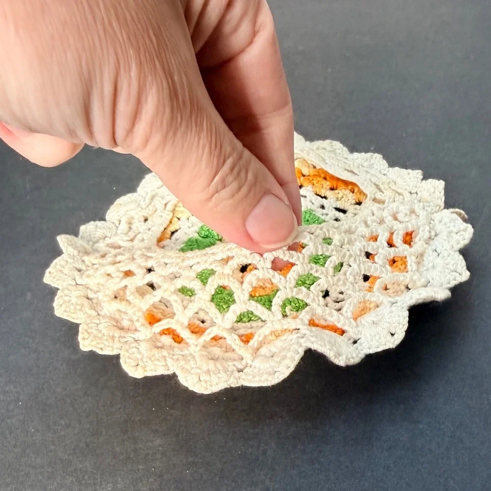 Vintage Handmade Crochet Floral Doily Round Orange Green Cream Lace 6 Inch